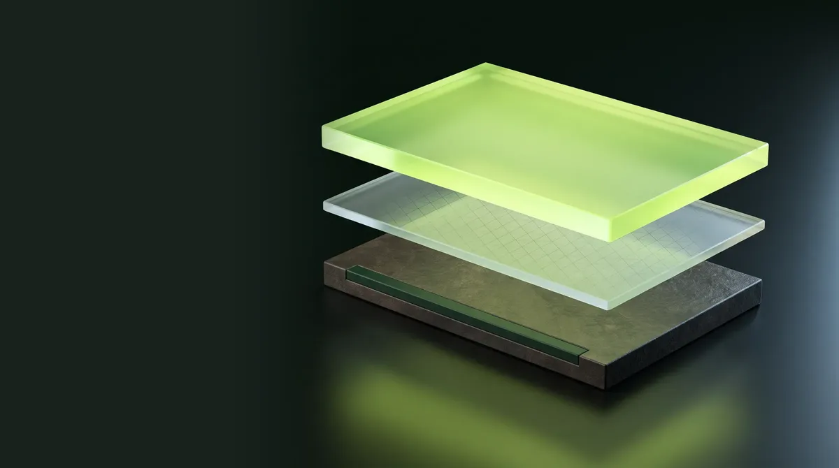 Three dark slabs with a lime layer between them, floating