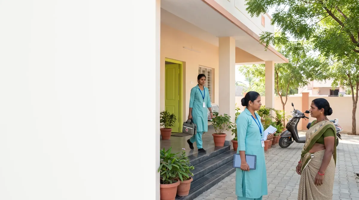 A health worker arriving at a village health centre, a colleague and a patient at the door