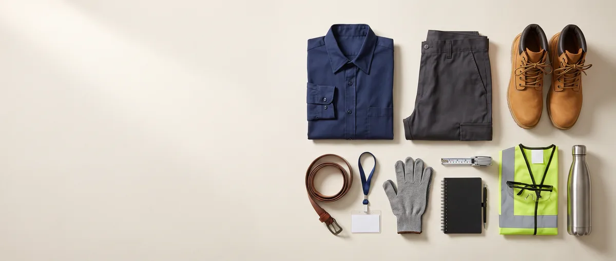 Day one of a job, from above: a folded shirt, trousers, boots, a belt, a lanyard and a notebook