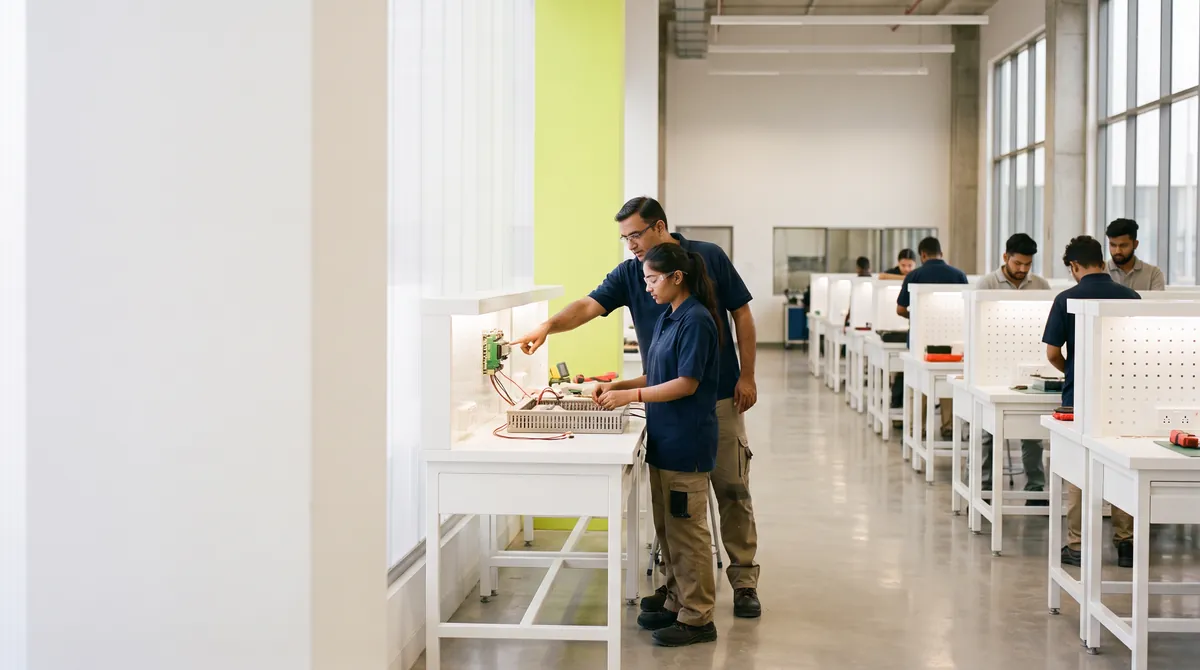 A training floor: benches, instructors and trainees at work