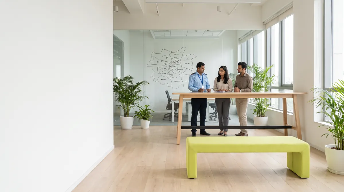 A programme team at a table, the plan drawn on the wall behind them