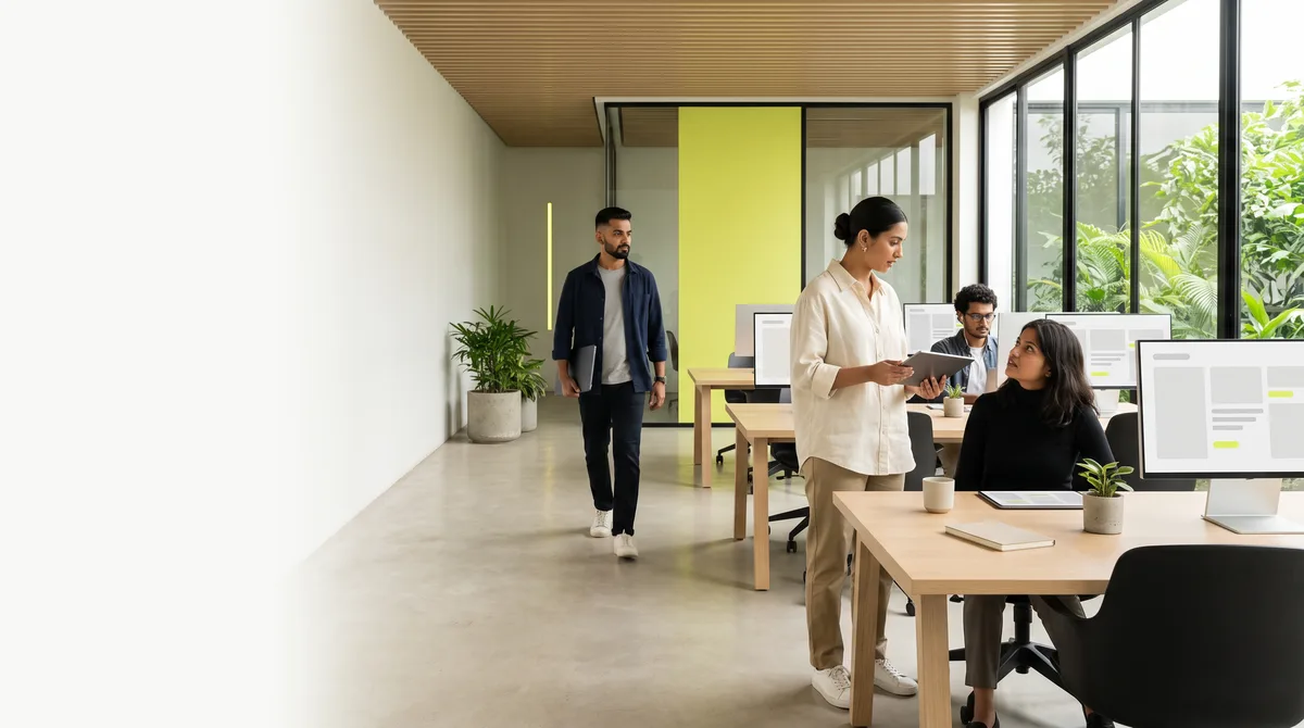 An open office floor on a working morning: a woman with a tablet talking to a seated colleague
